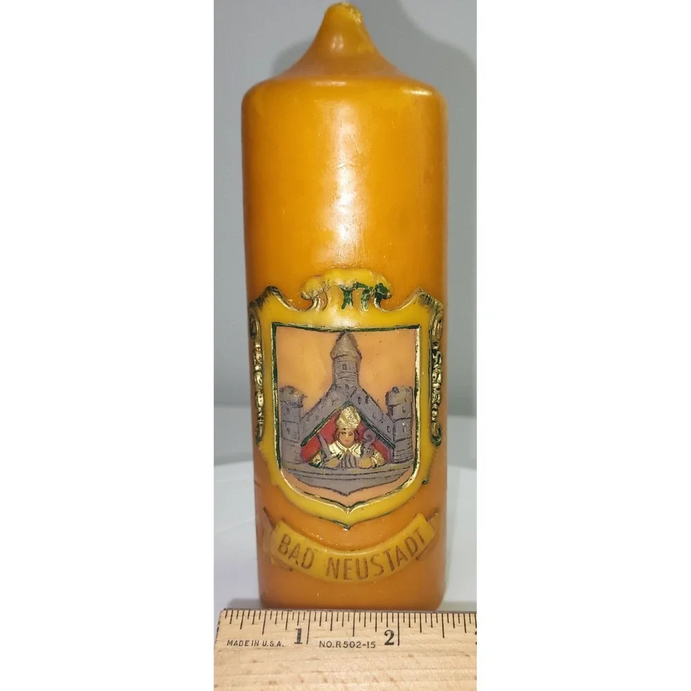 Vintage Bad Neustadt Germany Beeswax Pillar Candle Crest Souvenir 7in
